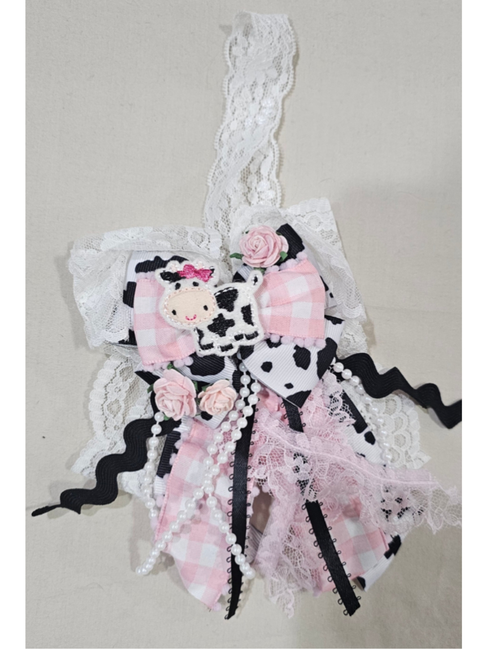 Handmade Baby Hair Accessory Cow Print Bow One Size White Pink